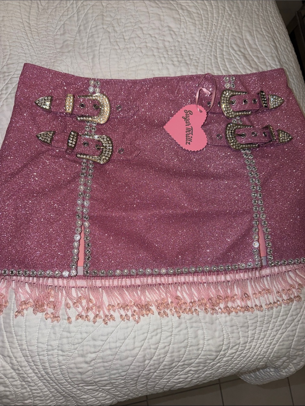 Sugar Thrillz Sparkling Pink Fringe Mini Skirt with Rhinestone Buckles